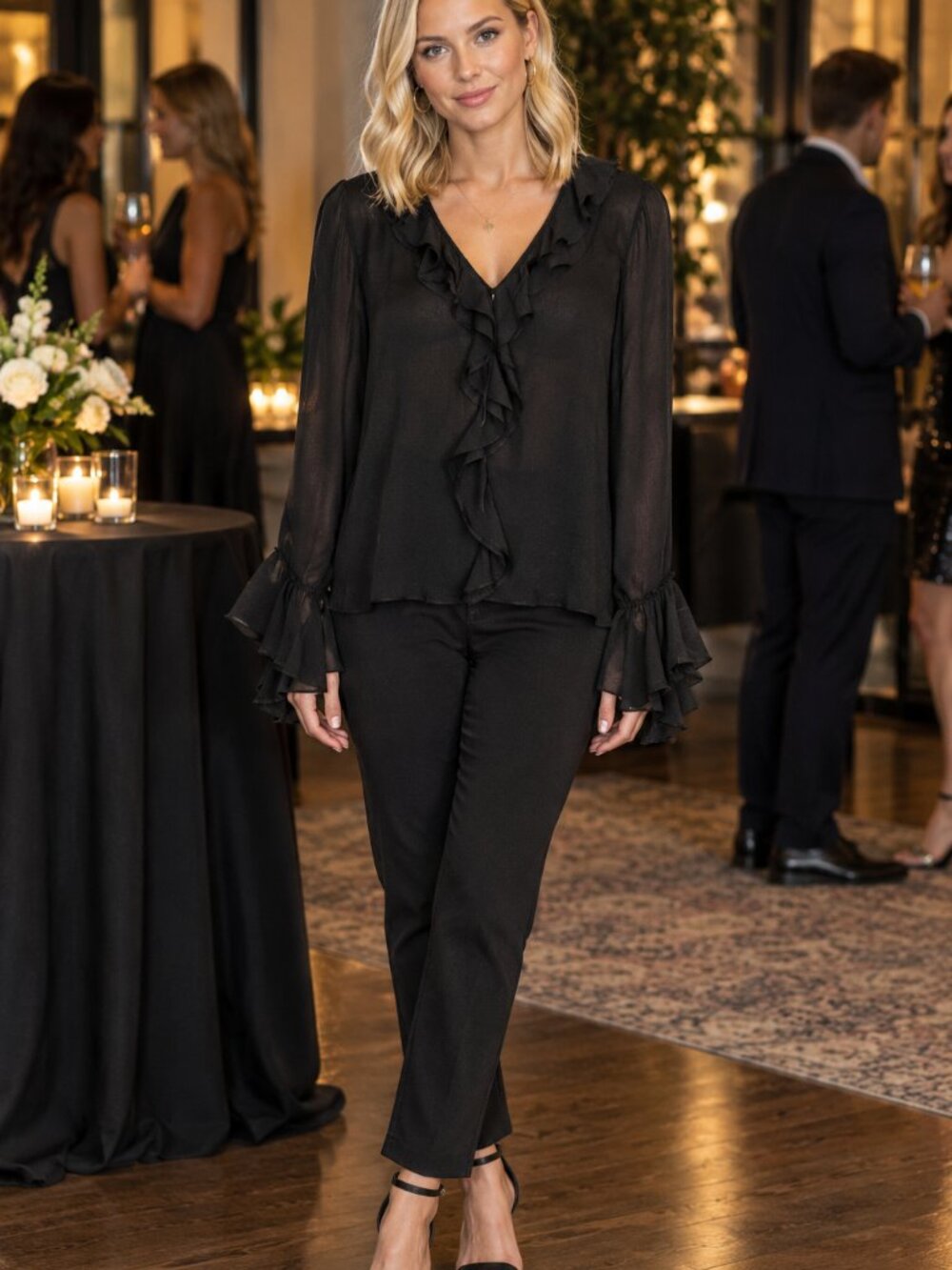 Vince Camuto XL Black Sheer Long Sleeve Cascade Ruffle Blouse NWT